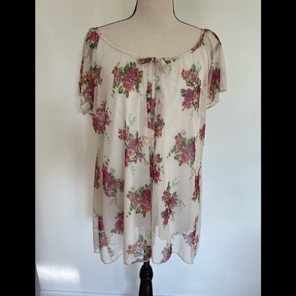 Agenda boho floral sheer lined, relaxed fit tie front lined top, size L